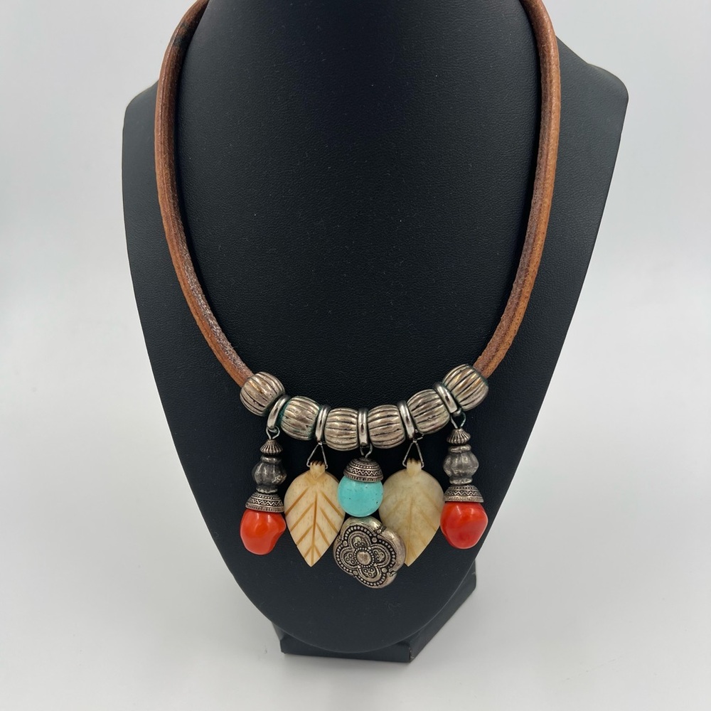 Tribal Boho Carved Bone Leaf Leather Cord Metal Bead Pendant Necklace 18”